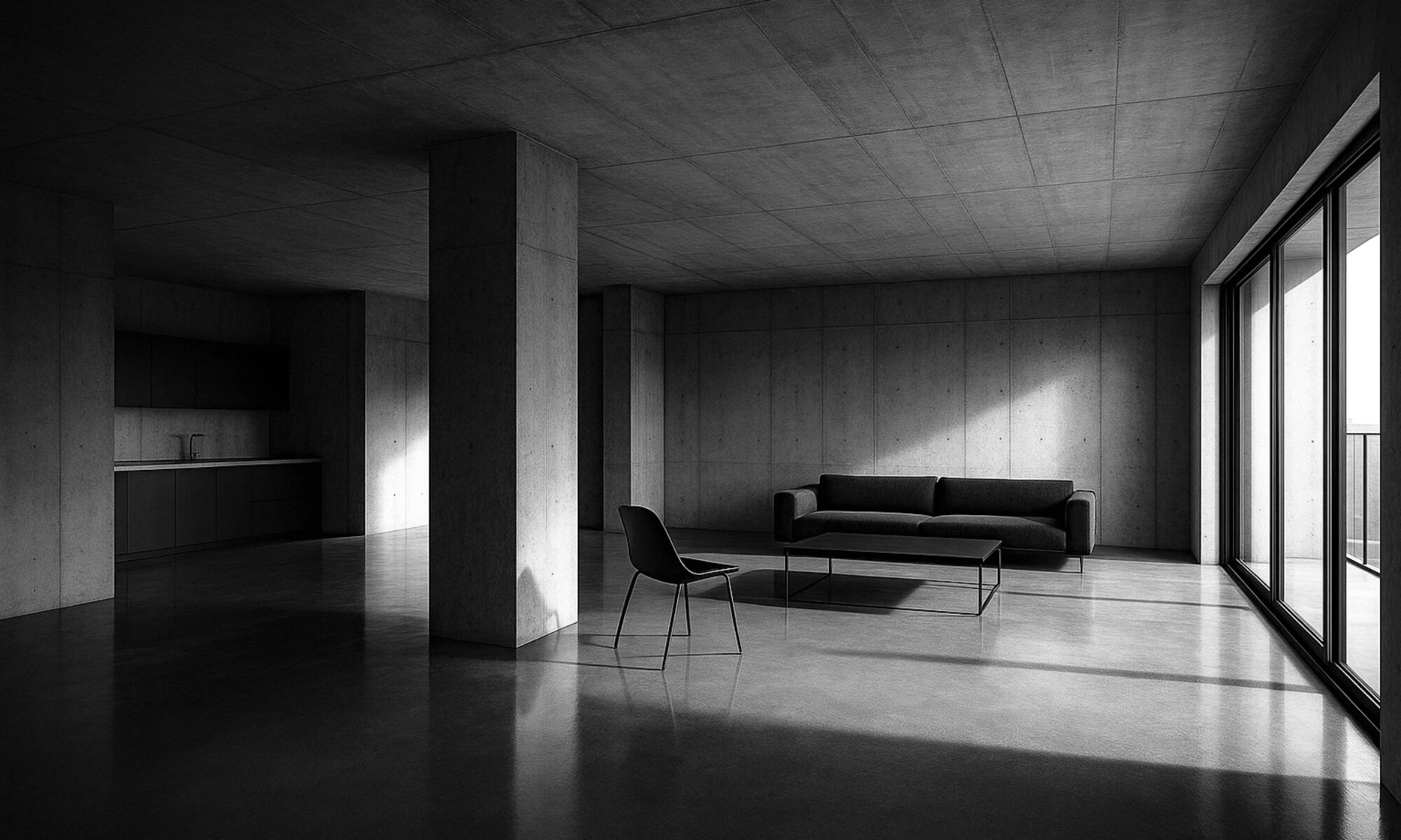 Photographie d'un salon dans un style brut et béton